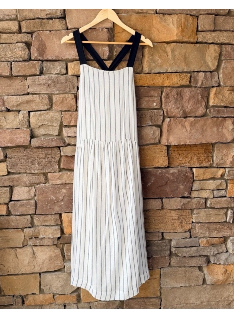 Melloday Gauzy Women XL White Black Pinstripe Tiered Lined Maxi Dress Coastal